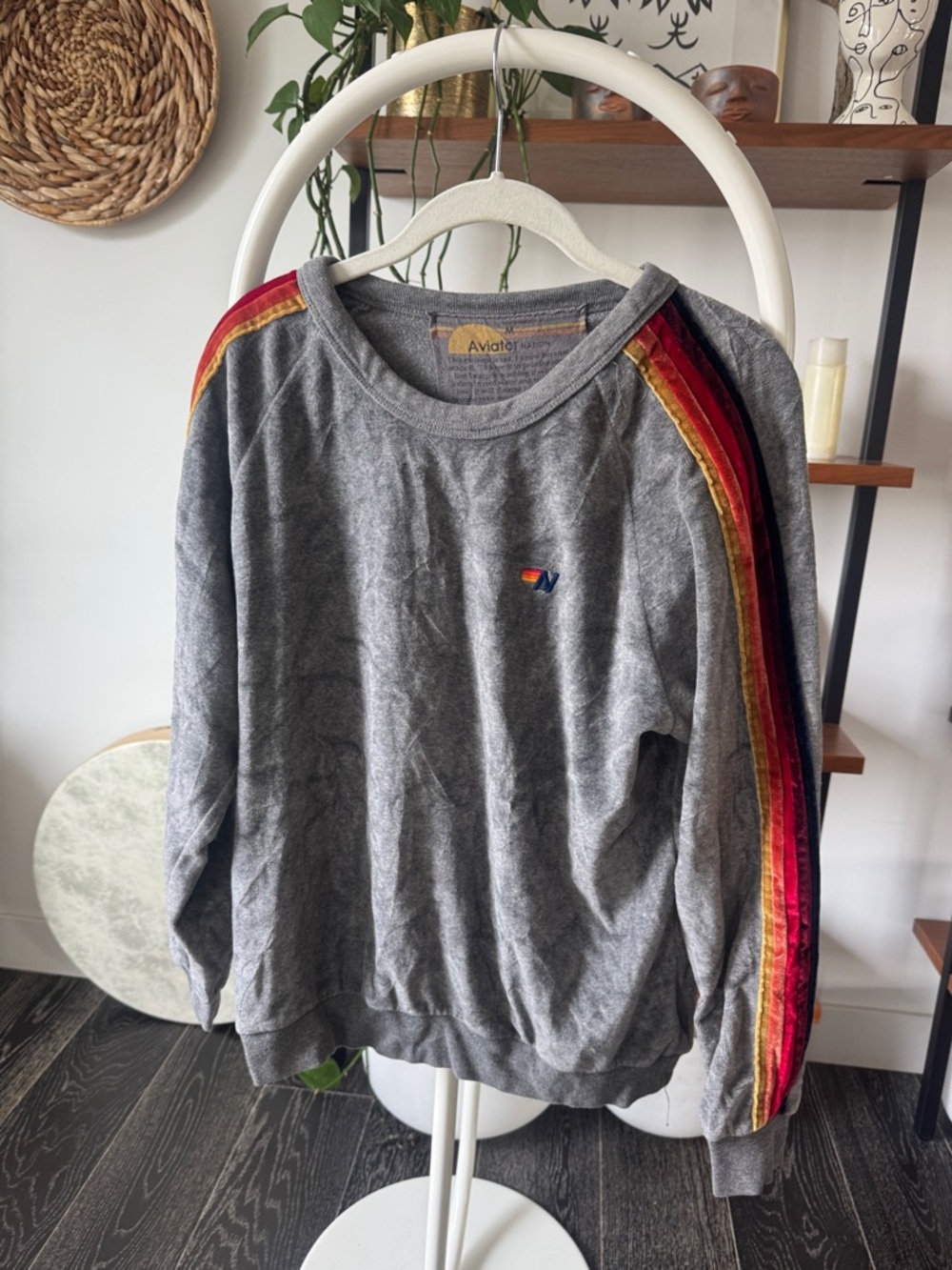 Aviator Nation Men’s Gray Crewneck with Red-Orange-Yellow Shoulder Stripes